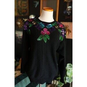 Vintage In Charge Black Floral Sequin Sweater Lambswool Angora Medium 80s